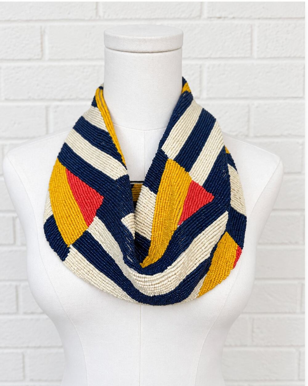 Geometric Glass Seed Bead Infinity Scarf Necklace Navy Yellow Red Statement Bib